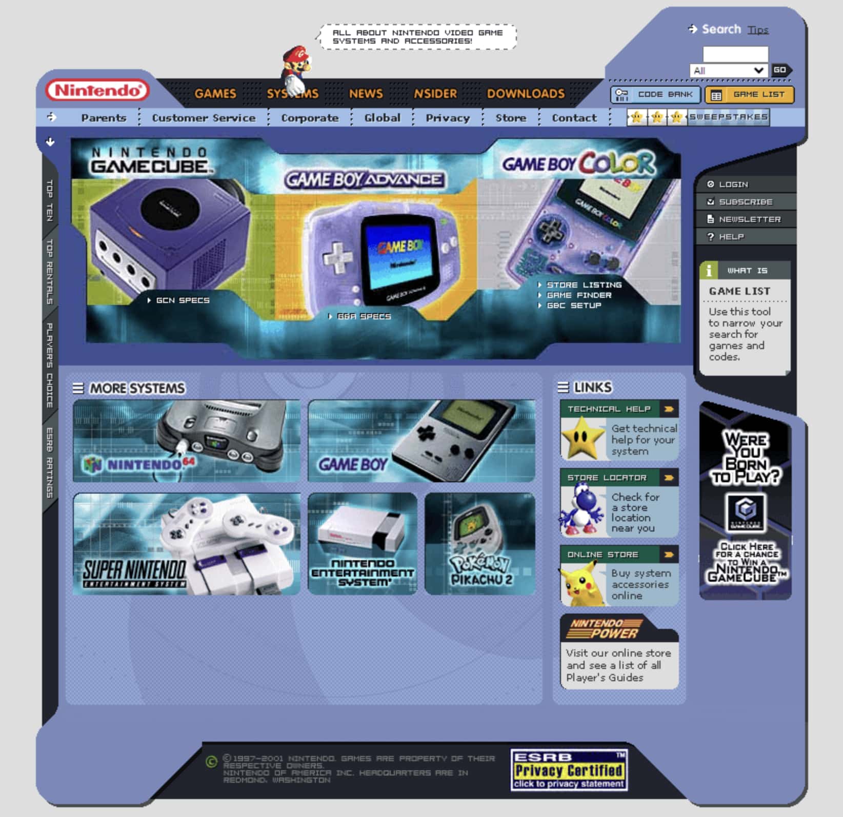 the nintendo website in 2001